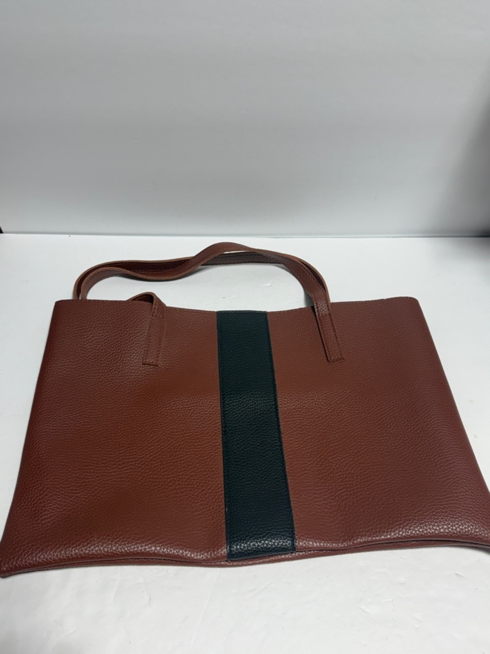 Vince Camaro Brown Pebble Leather Tote with Black Center Stripe